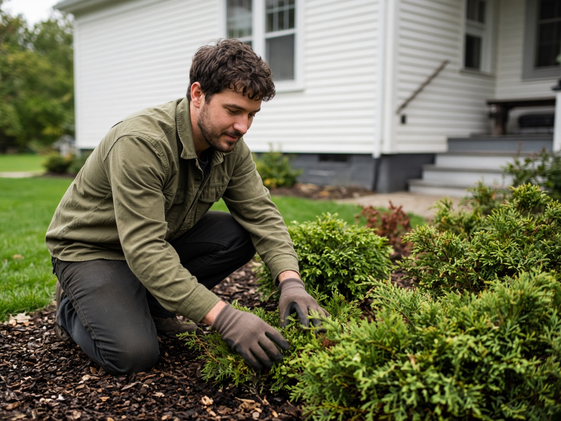Landscaper checking shrubs on a Fairhaven lot