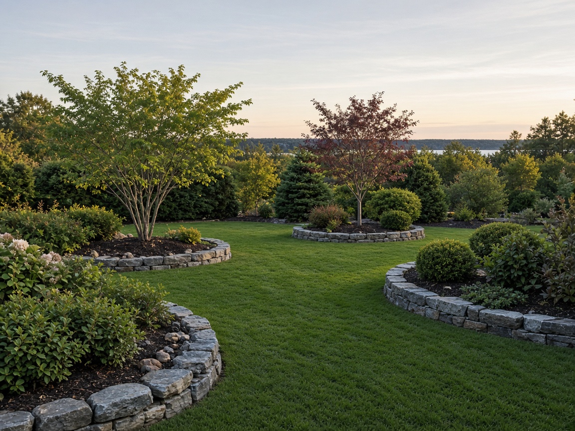 Finished backyard lawn and stone-edged beds