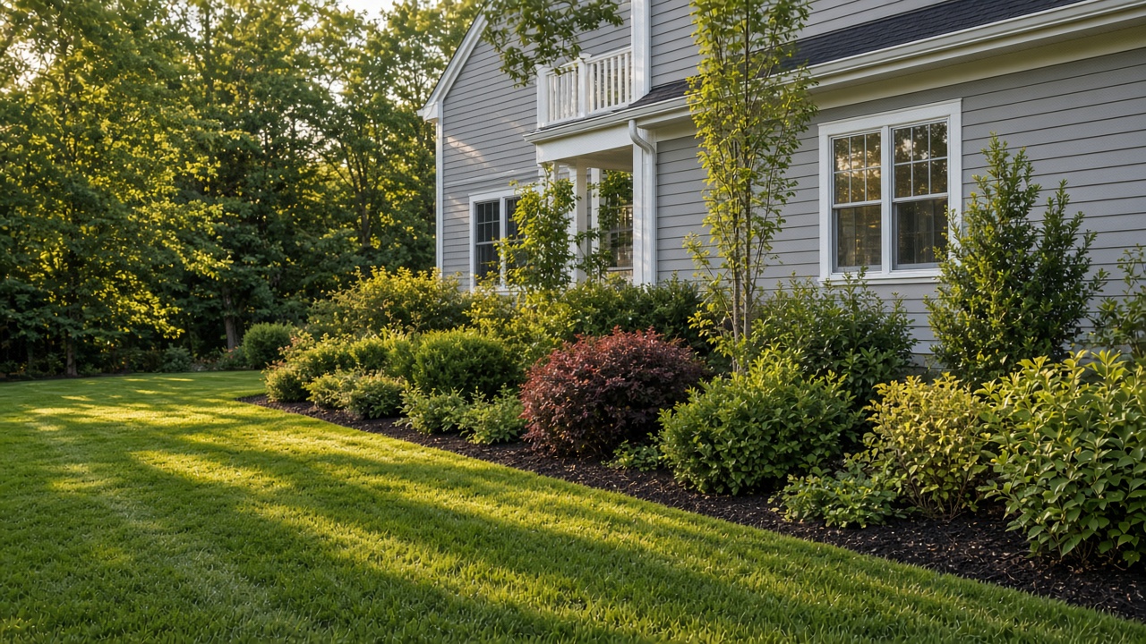 Freshly edged front lawn and planting beds in Fairhaven, Massachusetts